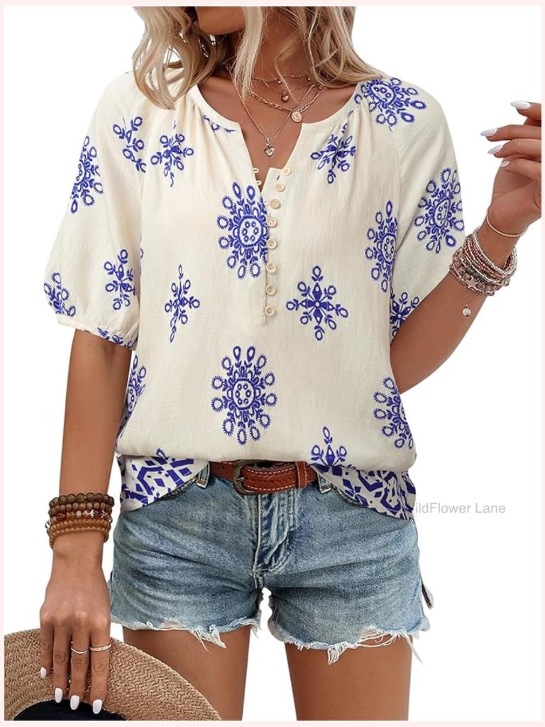V Neck Short Sleeve Button Down Blouse Boho Summer Top